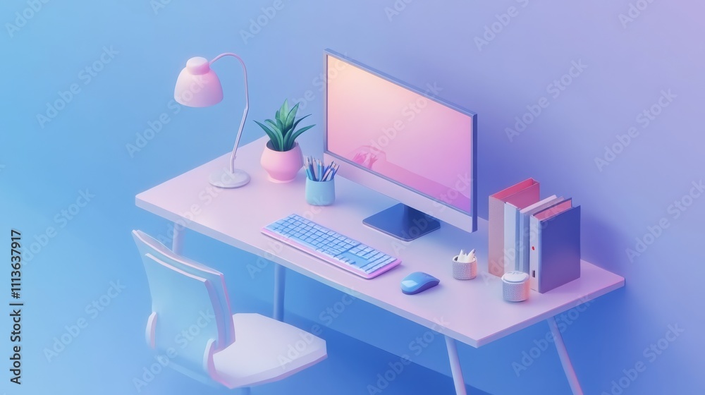 A modern, minimalist desk setup featuring a computer, lamp, plant, and books, set against a soft, gradient background. A modern, minimalist desk setup featuring a computer, lamp, plant, and books, set against a soft, gradient background.