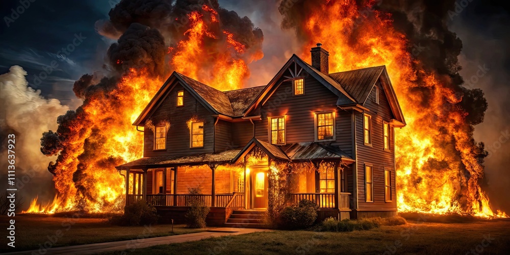 House fire raging at night with flames illuminating the darkness , house fire, night, flames, destruction, danger, emergency House fire raging at night with flames illuminating the darkness , house fire, night, flames, destruction, danger, emergency