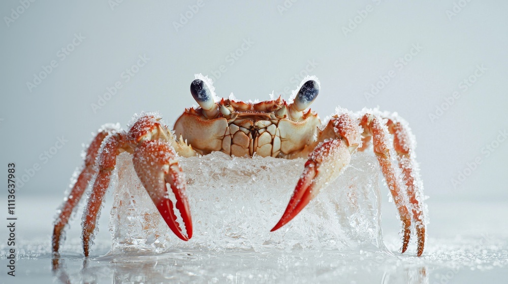 A close-up of a crab, showcasing its vibrant claws and intricate details, surrounded by a light, frosty coating.