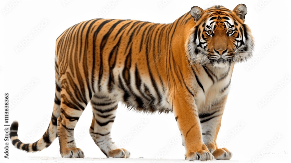 Majestic Bengal Tiger Walking Confidently on White Background Majestic Bengal Tiger Walking Confidently on White Background