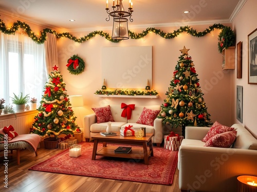 Beautiful Christmas tree with colorful ornaments and sparkling lights in a festive living room decorated for the New Year, lights, cozy