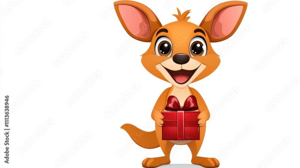 Cute Cartoon Kangaroo Holding a Holiday Gift Box with Joyful Expression Cute Cartoon Kangaroo Holding a Holiday Gift Box with Joyful Expression