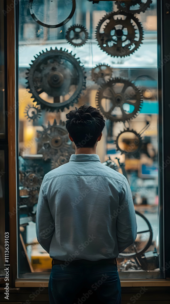 Fototapeta premium Man Observing Gear Mechanism Illustration
