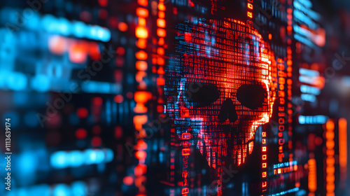 Digital Skull Emerging From Red And Blue Code