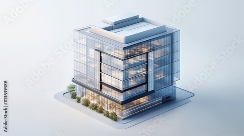 A modern glass building design featuring multiple stories and landscaped surroundings, showcasing contemporary architectural aesthetics.