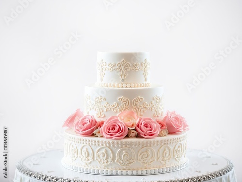 Wallpaper Mural Beautiful three-tier wedding cake with pink roses and intricate detailing, sweet, cake Torontodigital.ca