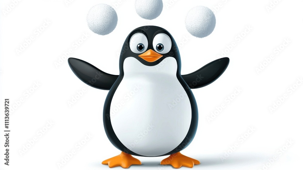 Obraz premium Cheerful Cartoon Penguin Character with Bubbles in Minimal Studio Scene