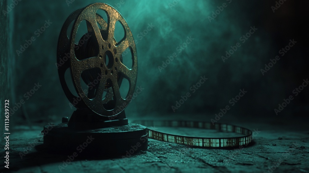 Obraz premium Vintage film reel on wooden floor in a dark, smoky room.
