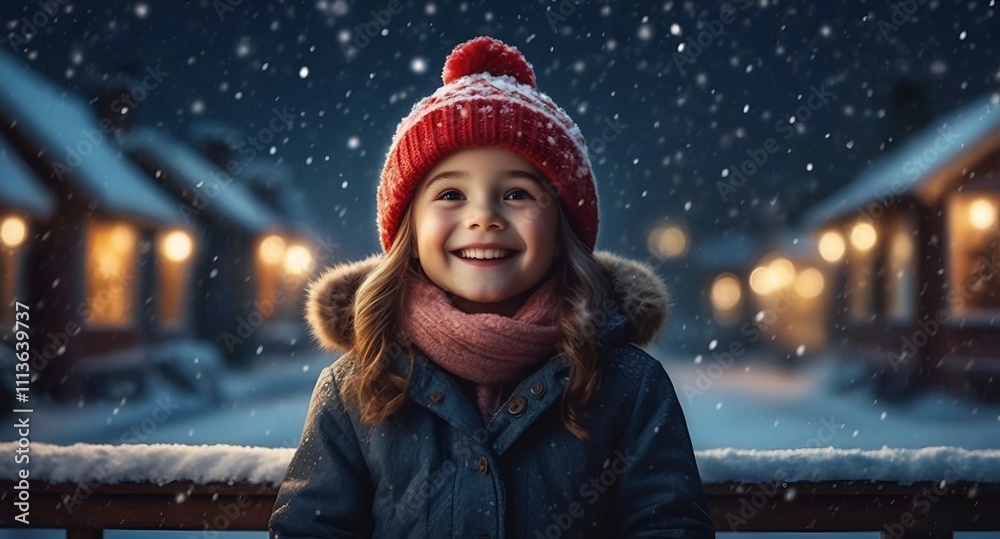 happy girl in winter night at Christmas eve happy girl in winter night at Christmas eve