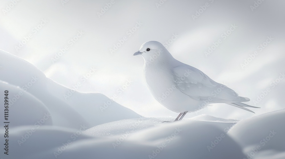 A serene white bird stands gracefully on soft, snowy terrain, blending harmoniously with the tranquil winter landscape. A serene white bird stands gracefully on soft, snowy terrain, blending harmoniously with the tranquil winter landscape.