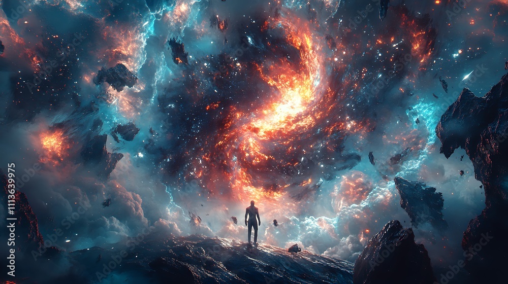 A lone figure observes a cosmic nebula in a surreal dreamscape A lone figure observes a cosmic nebula in a surreal dreamscape