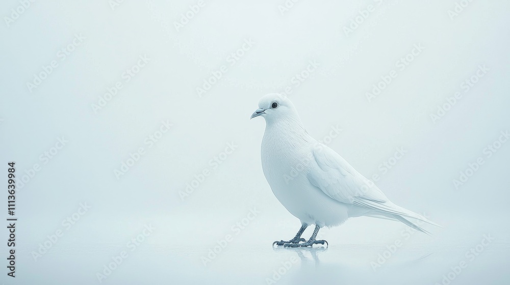 A serene white bird stands gracefully against a soft, misty background, evoking a sense of calm and tranquility. A serene white bird stands gracefully against a soft, misty background, evoking a sense of calm and tranquility.