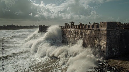 Waves crashing against a historic stone wall by the coast. photo