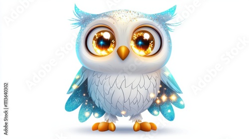 Adorable Cartoon Owl with Large Expressive Eyes and Fluffy Blue Feathers on White Background
