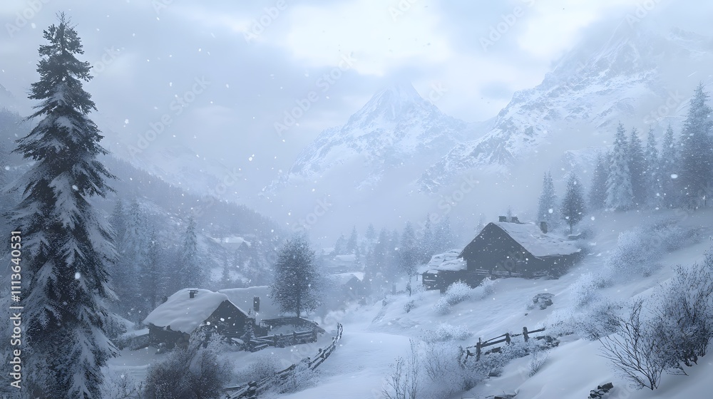 Fototapeta premium Snowy mountain landscape with quaint houses and falling snow.