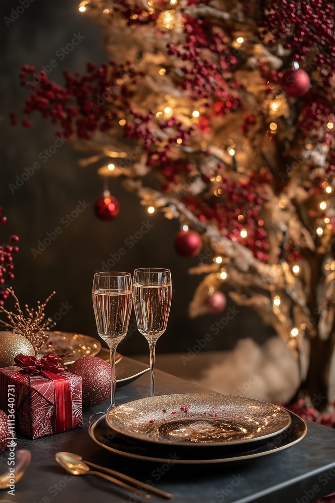 A beautifully set Christmas table with champagne glasses, surrounded by decorations and lights. A gift box sits on the left side of one plate, creating an atmosphere of celebration and joy. A beautifully set Christmas table with champagne glasses, surrounded by decorations and lights. A gift box sits on the left side of one plate, creating an atmosphere of celebration and joy.