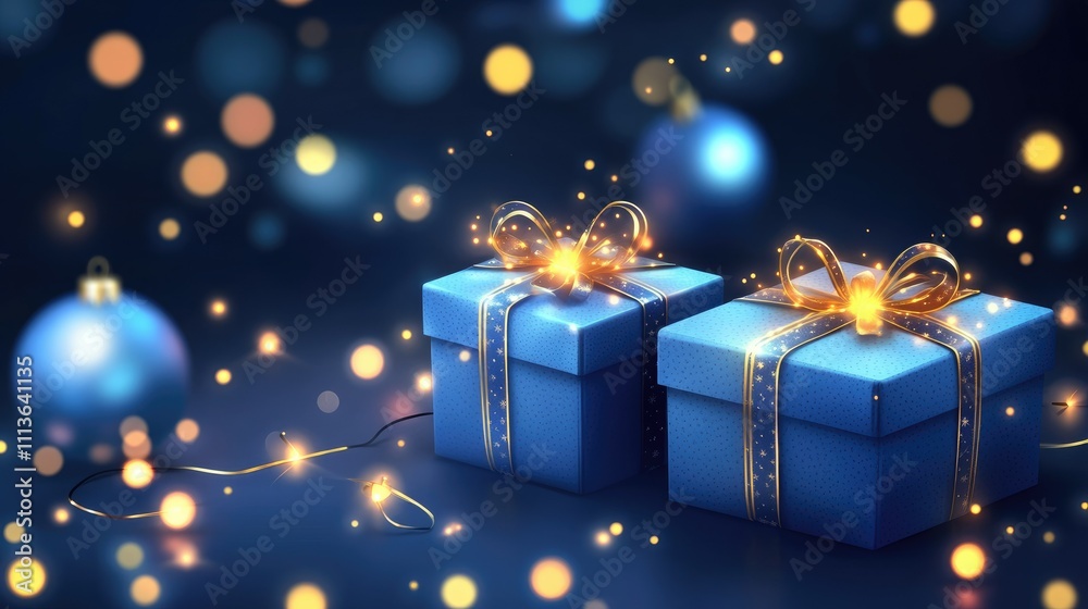 Two blue gift boxes with ribbons and glowing lights, creating a festive atmosphere. Two blue gift boxes with ribbons and glowing lights, creating a festive atmosphere.
