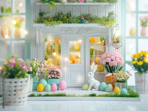 Small easter shop, white door and windows decorated with colorful easter eggs, cute tiny bunnies with carrots, sidelocks and flowers photo