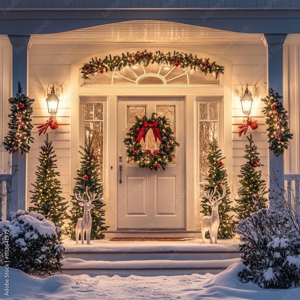 White front door with garlands, Christmas lights and reindeer on the porch, gold and red decorations, with a semicircular window above the door White front door with garlands, Christmas lights and reindeer on the porch, gold and red decorations, with a semicircular window above the door