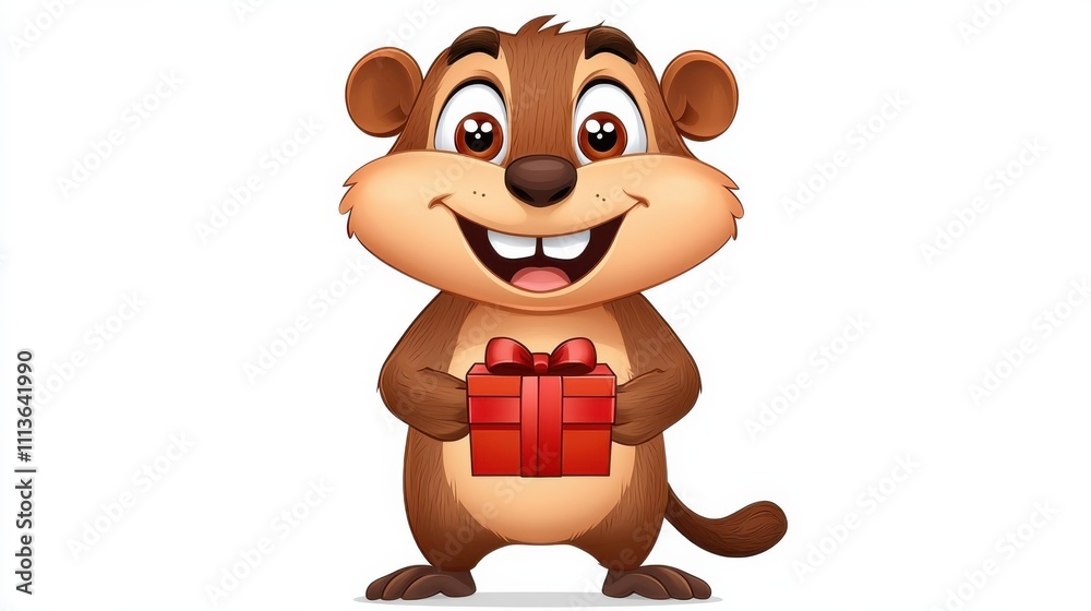 Naklejka premium Cheerful Cartoon Squirrel Holding a Wrapped Gift Box
