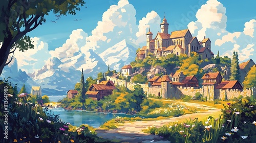 Medieval Village Nestled in a Mountain Valley