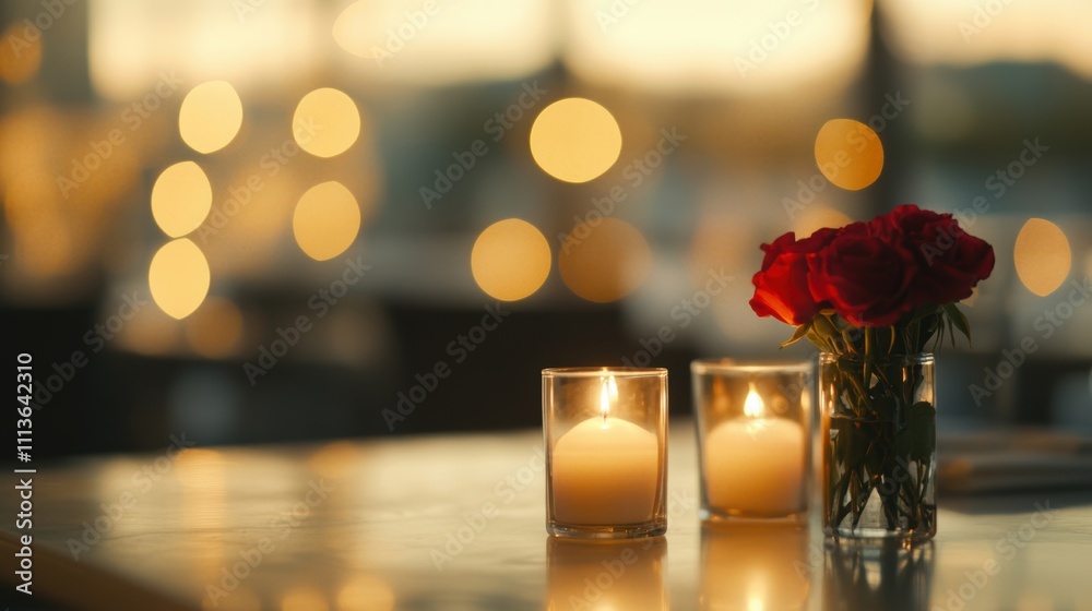 A cozy restaurant features a romantic dinner setting with glowing candles and fresh roses, creating a warm and intimate atmosphere at sunset A cozy restaurant features a romantic dinner setting with glowing candles and fresh roses, creating a warm and intimate atmosphere at sunset
