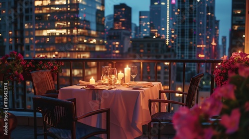A romantic candlelit dinner setup on a balcony overlooking the city skyline, with a table set for two