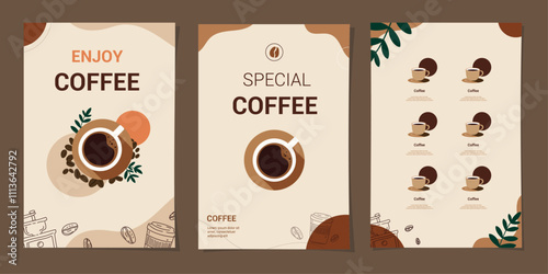 Set of social media templates coffee beans and coffee mug, cards, banner, brochure, poster, cover, cafe menu. Vector illustration.