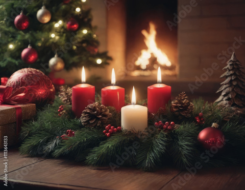 Candele accese circondate da rami di pino e decorazioni rosse su uno sfondo festivo. photo