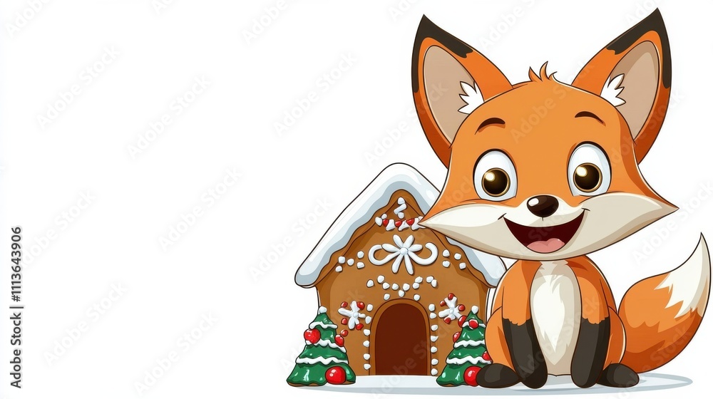 Fototapeta premium Cute Cartoon Fox in Festive Winter Landscape with Christmas Decor