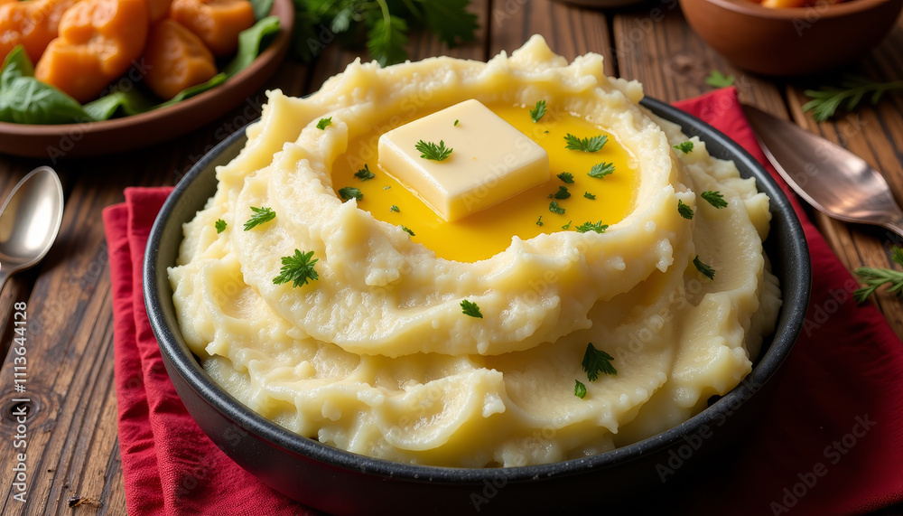 Creamy mashed potatoes topped with butter and herbs for a comforting meal experience Creamy mashed potatoes topped with butter and herbs for a comforting meal experience