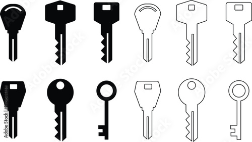 key icon set silhouettes. Medieval and modern keys, black flat and line vector collection isolated on transparent background vintage shapes. Open door symbol privacy and escape. Abstract tidy element.