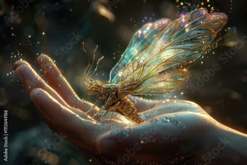 mystical fairy hovering above a hand, with soft, ethereal light and shimmering wings