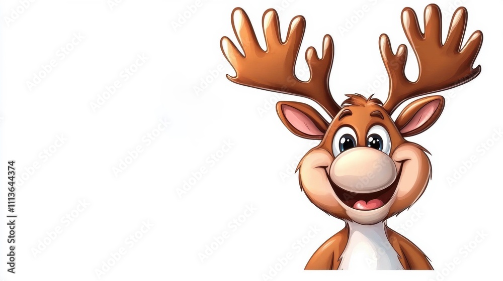 Cheerful Cartoon Reindeer with Smiling Expression and Antlers on White Background Cheerful Cartoon Reindeer with Smiling Expression and Antlers on White Background