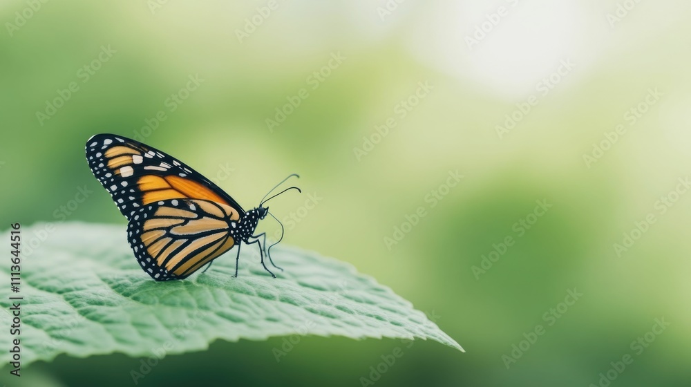 Close up view of a vibrant monarch butterfly perched on a verdant leaf Close up view of a vibrant monarch butterfly perched on a verdant leaf