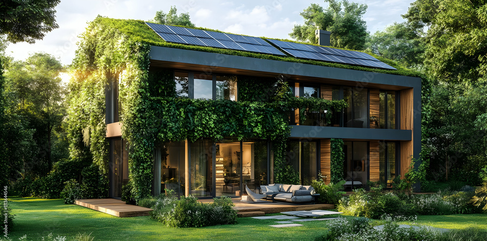 A modern eco-friendly house covered in greenery with solar panels in a serene garden setting. A modern eco-friendly house covered in greenery with solar panels in a serene garden setting.