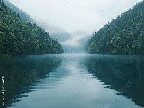 Misty Lake in Green Forest Background