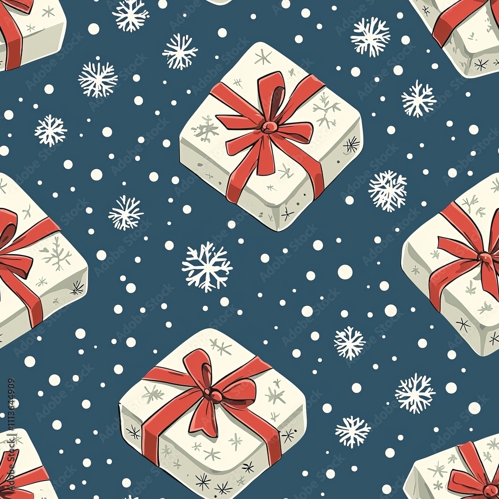 Obraz premium Seamless pattern of snowflakes with gifts