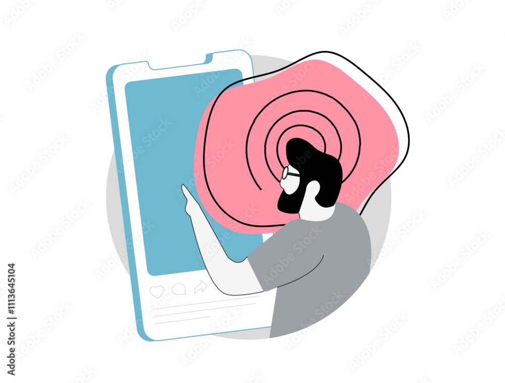Brain rot symbolizing effects of consuming excessive low-quality online content, social media overload, mental fatigue, overthinking and cognitive decline. Brain rot vector illustration