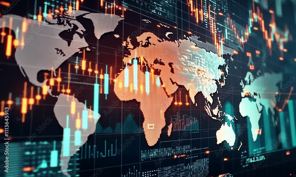 Global market data visualization with a world map displaying economic trends and stock market fluctuations. Technology concept