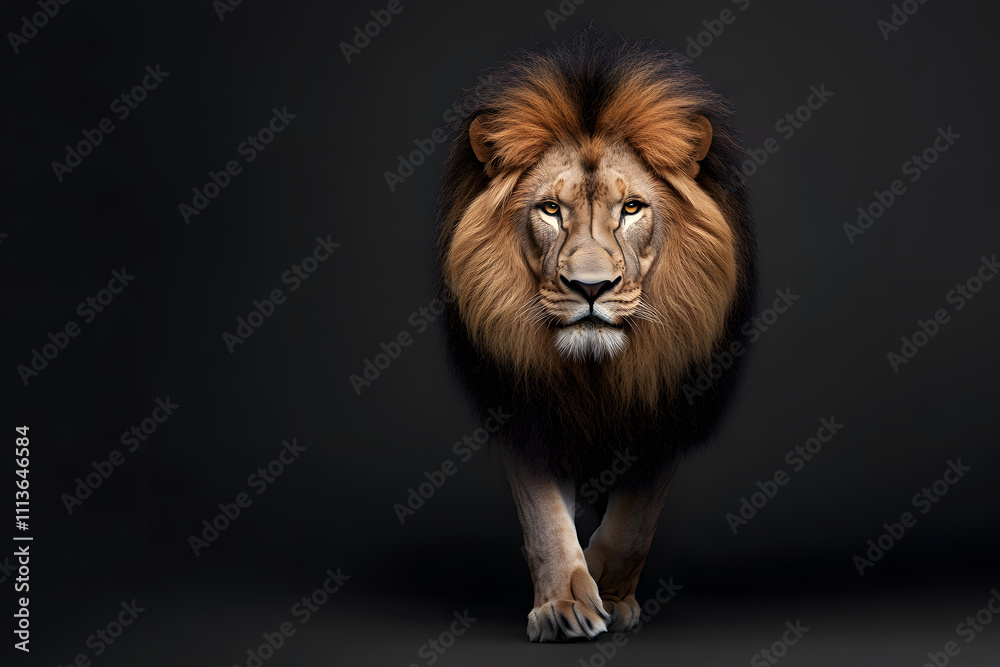 Fototapeta premium Lion walking through a dark, isolated on black background