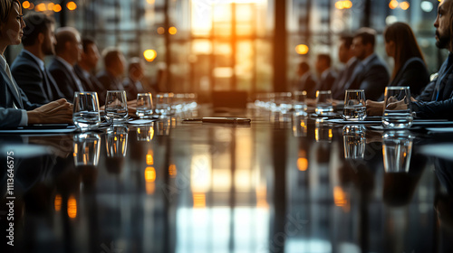 Businesspeople seated at opposite ends of a long table during tense negotiation talks, opposing sides, intense negotiation environment