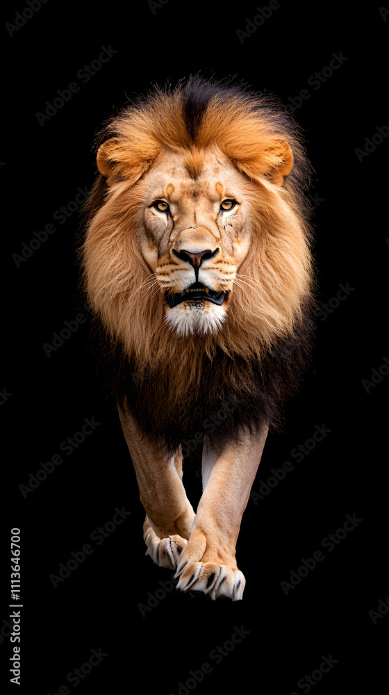Lion walking through a dark, isolated on black background