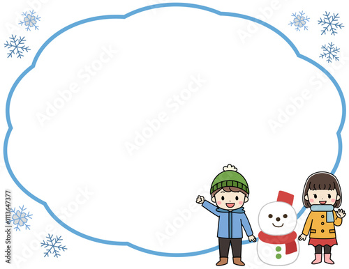 雪だるまと冬服をきた子供たちのフレームイラスト