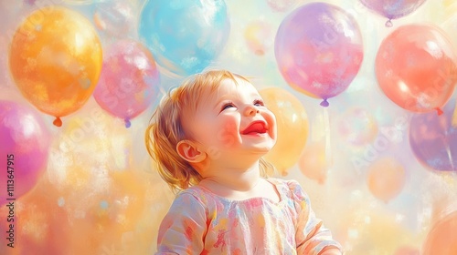 A Little Girl's Joyful Gaze Among Pastel Balloons