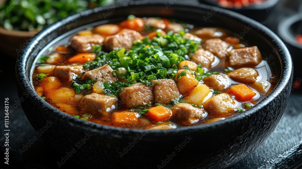 a bowl of soup with meat and vegetables a bowl of soup with meat and vegetables