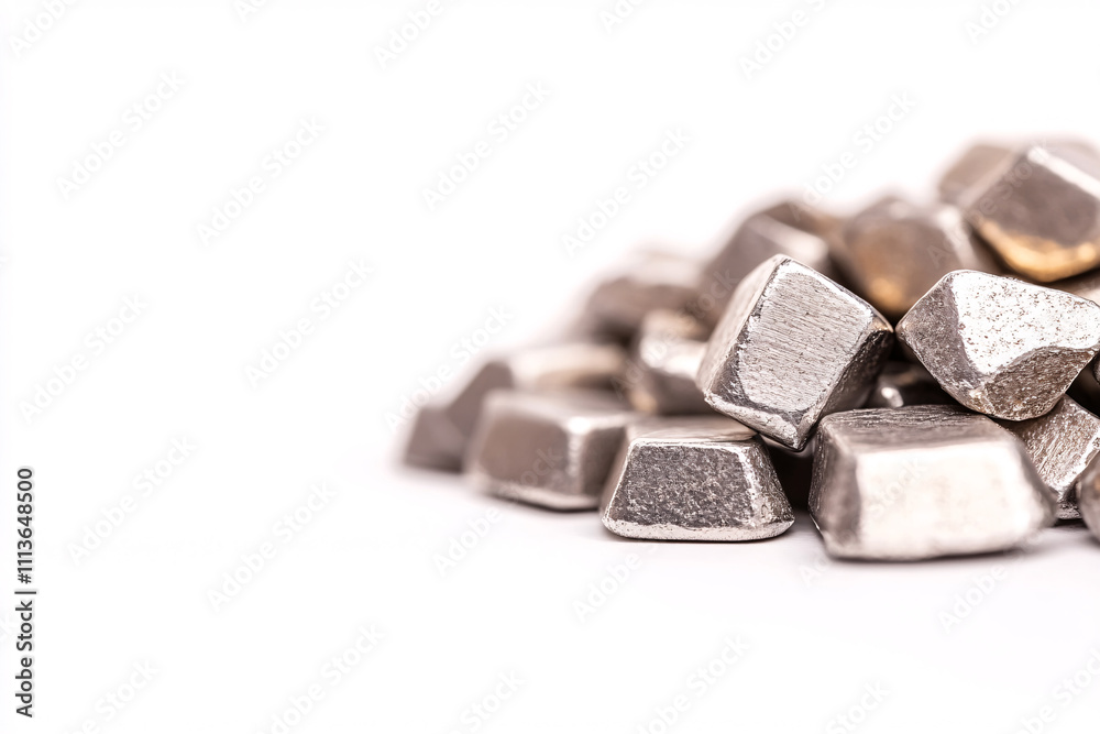 A close-up view of silver metal ingots stacked in an industrial workshop showcasing raw materials. On white background A close-up view of silver metal ingots stacked in an industrial workshop showcasing raw materials. On white background