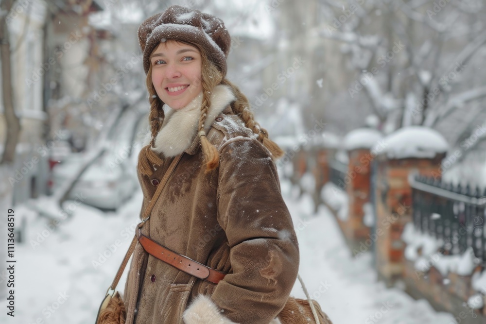 Fototapeta premium Woman in vintage winter outfit with big braid smiling.