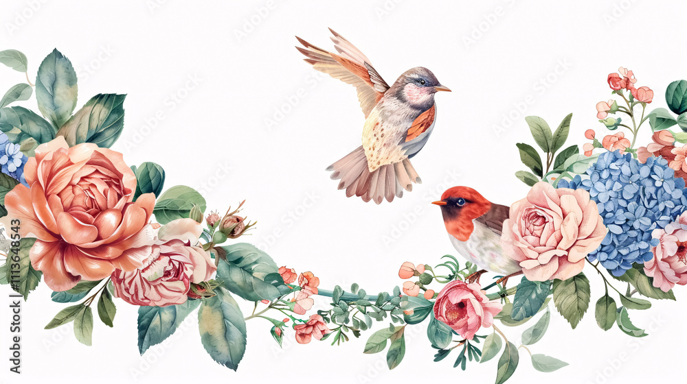 Floral Round Frame with Robin Bird: Vector design featuring a round frame with pink roses, hydrangeas, carnations, mixed plants, and a cute small robin bird. Half moon shape bouquets. Floral Round Frame with Robin Bird: Vector design featuring a round frame with pink roses, hydrangeas, carnations, mixed plants, and a cute small robin bird. Half moon shape bouquets.