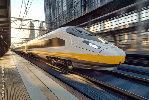 Swift passage of a modern high-speed train racing through a sunset-lit urban landscape, capturing the essence of speed and innovation photo